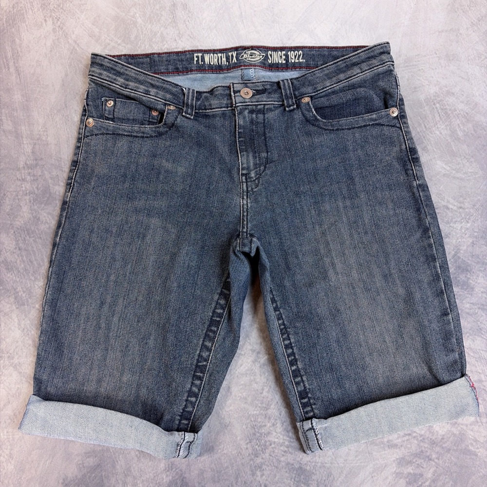 Dickies Denim Shorts Womens Size 3 Blue Excellent Cuffed Mid Rise Stretch Jean